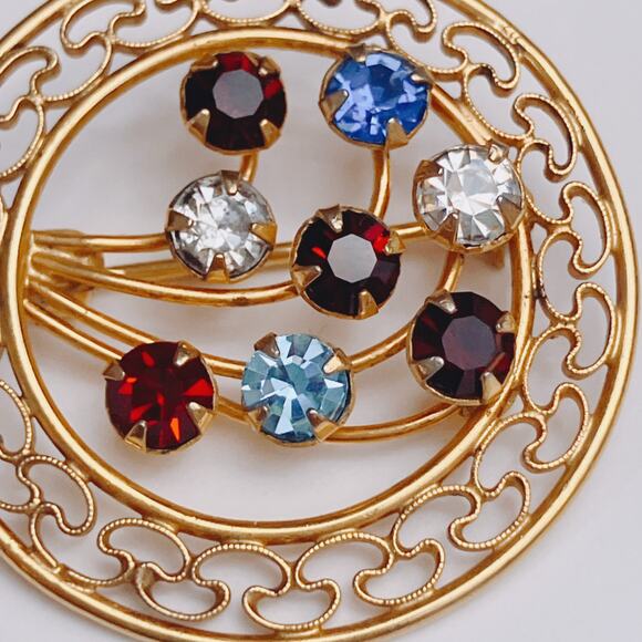 VTG Signed Carla 12K GF Multicolor Rhinestone Circle Brooch 1960s Spray Pin - Picture 3 of 8